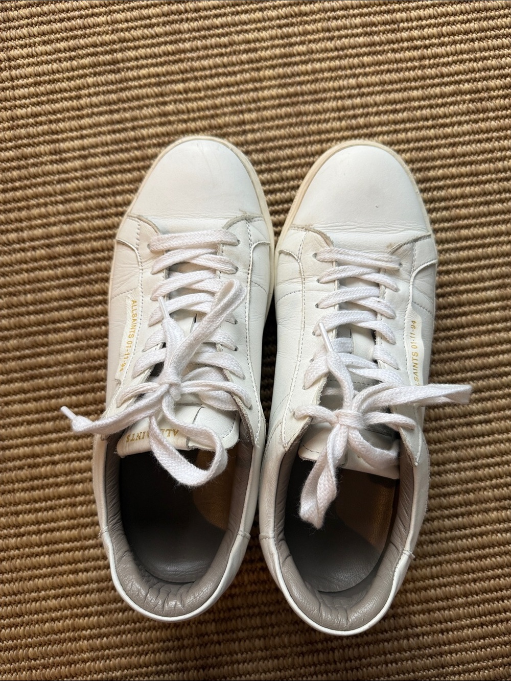 All Saints White Leather Low-Top Sneakers with Gold Logo